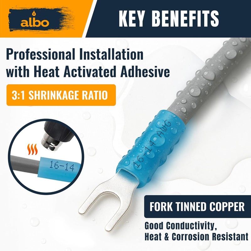 ALBO 150PCS Blue Heat Shrink Fork Spade Connectors #10 – 16-14 AWG Tinned Copper Terminals, Waterproof Wire Crimp Kit for Automotive, Marine, Speaker & Electrical Wiring - Image 4